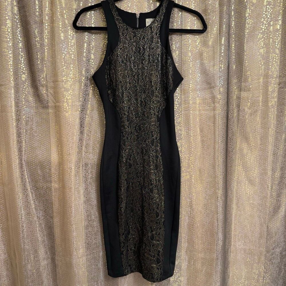 Torn by Ronny Kobo Shiran Black Gold Lace Bodycon Mini Dress XS NWT